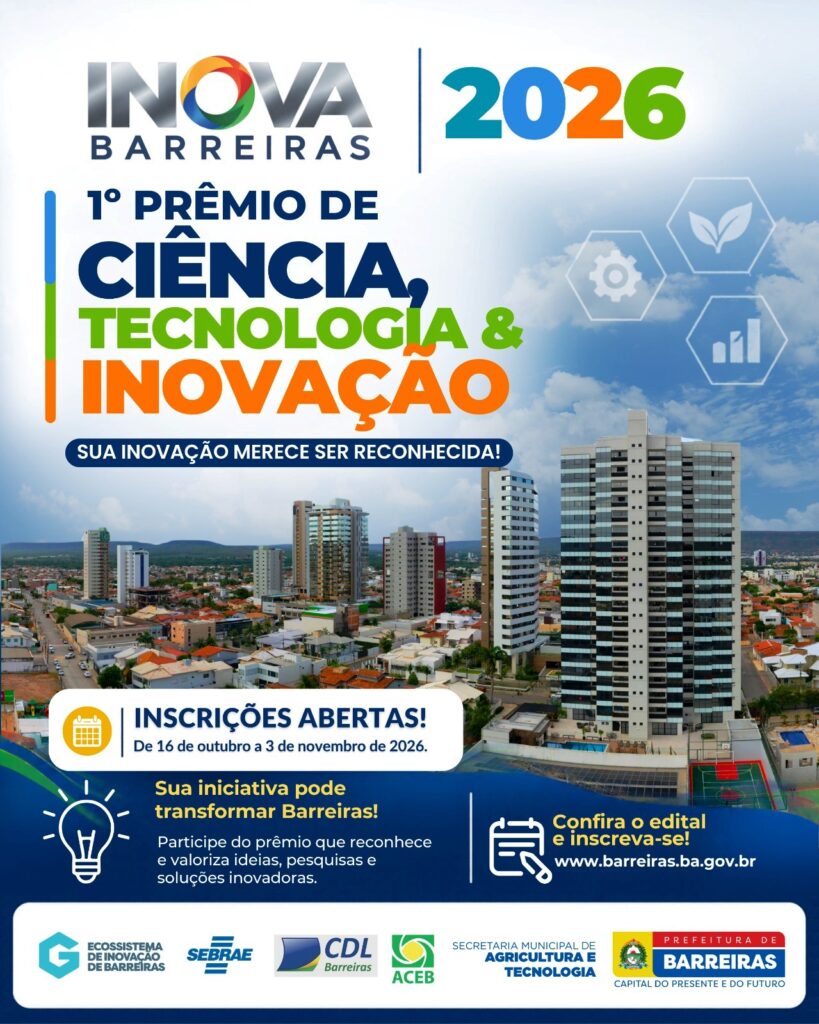 Cartaz do Prêmio Inova Barreiras 2026 com inscrições de 16 de outubro a 3 de novembro